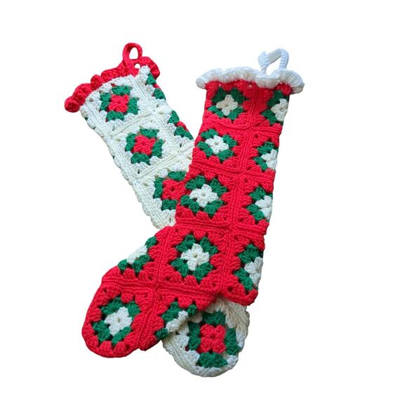 Vintage Granny Square Christmas Stocking Set Of 2 Hand Crochet Neutral Red 24" - Picture 1 of 5